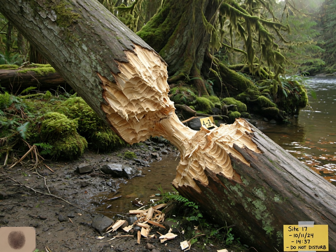Huge gnaw marks on a riverside log