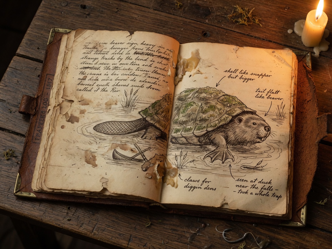 Aged journal with a sketch of a river beast