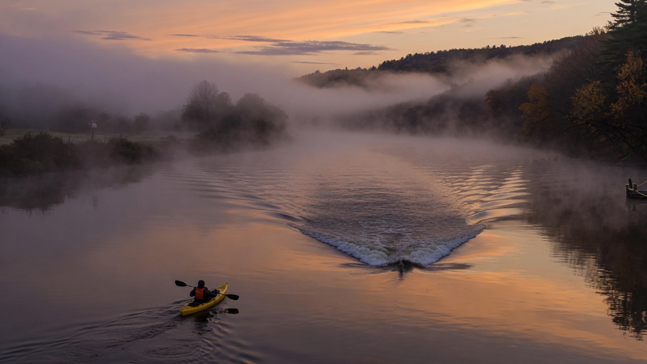 Kayaker on a misty river at dusk