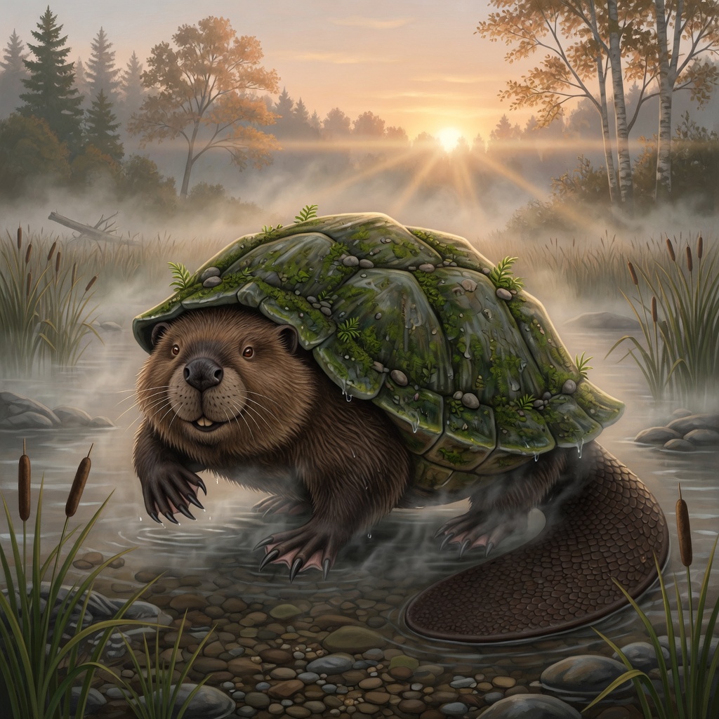 Illustration of Kitchi-Amik, a turtle-shelled river guardian with amber eyes standing in misty water