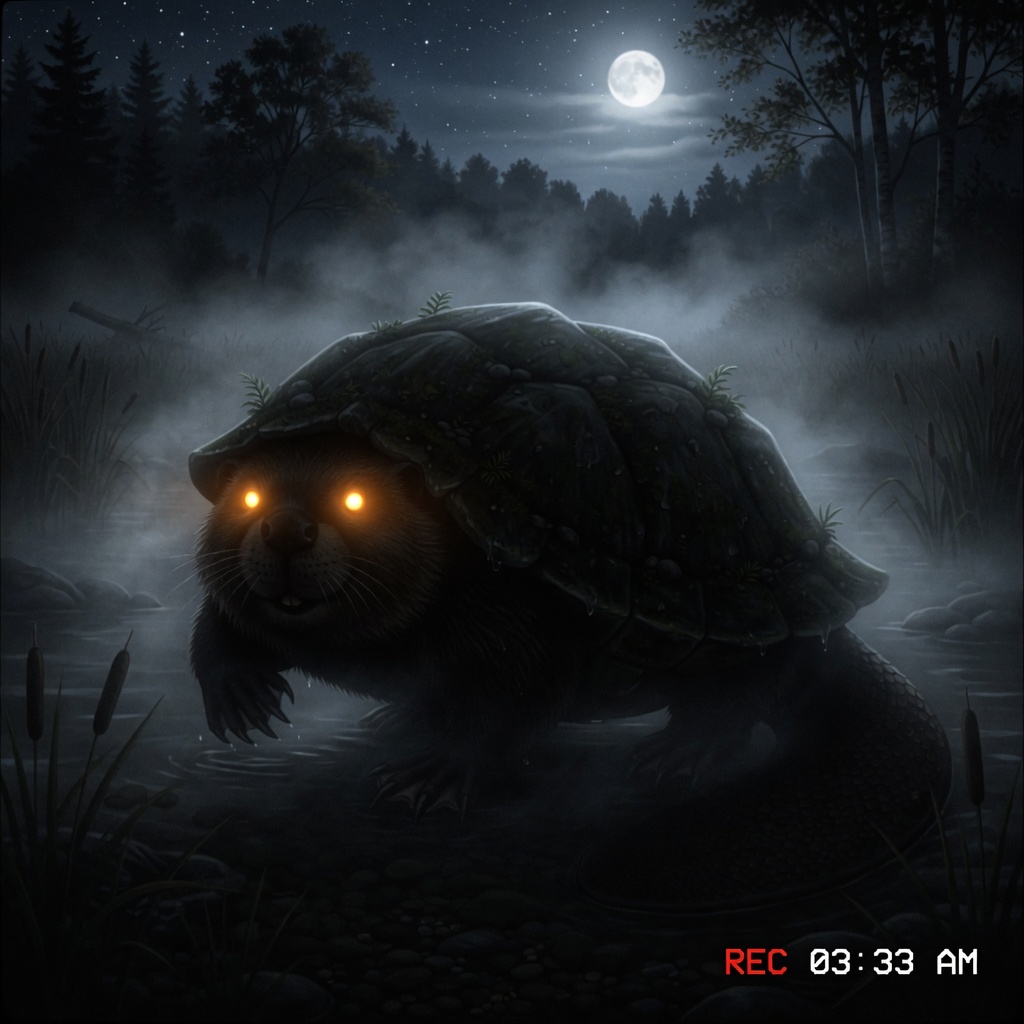 Amber eyes glowing above a dark misty river at night